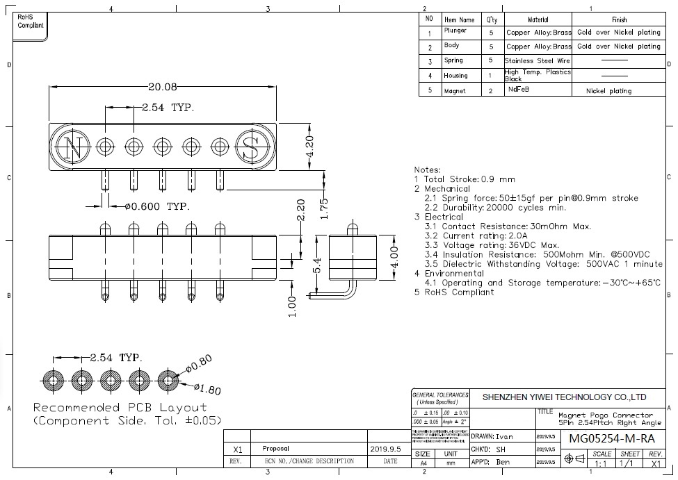 Spring Loaded Header Male Female 5 Pins 2.54 mm Grid Strip Straight Through Hole 180 Degree Right Angle Through Hole 90 Degree2A 36V DC Magnetic Pogo Pin