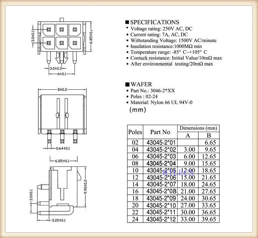 Wafer Micro-Fit 3.0 Connector PCB Male Header Right Angle 2 4 6 8 10 12 14 16 18 20 22 24 Pin Board Solder 43045