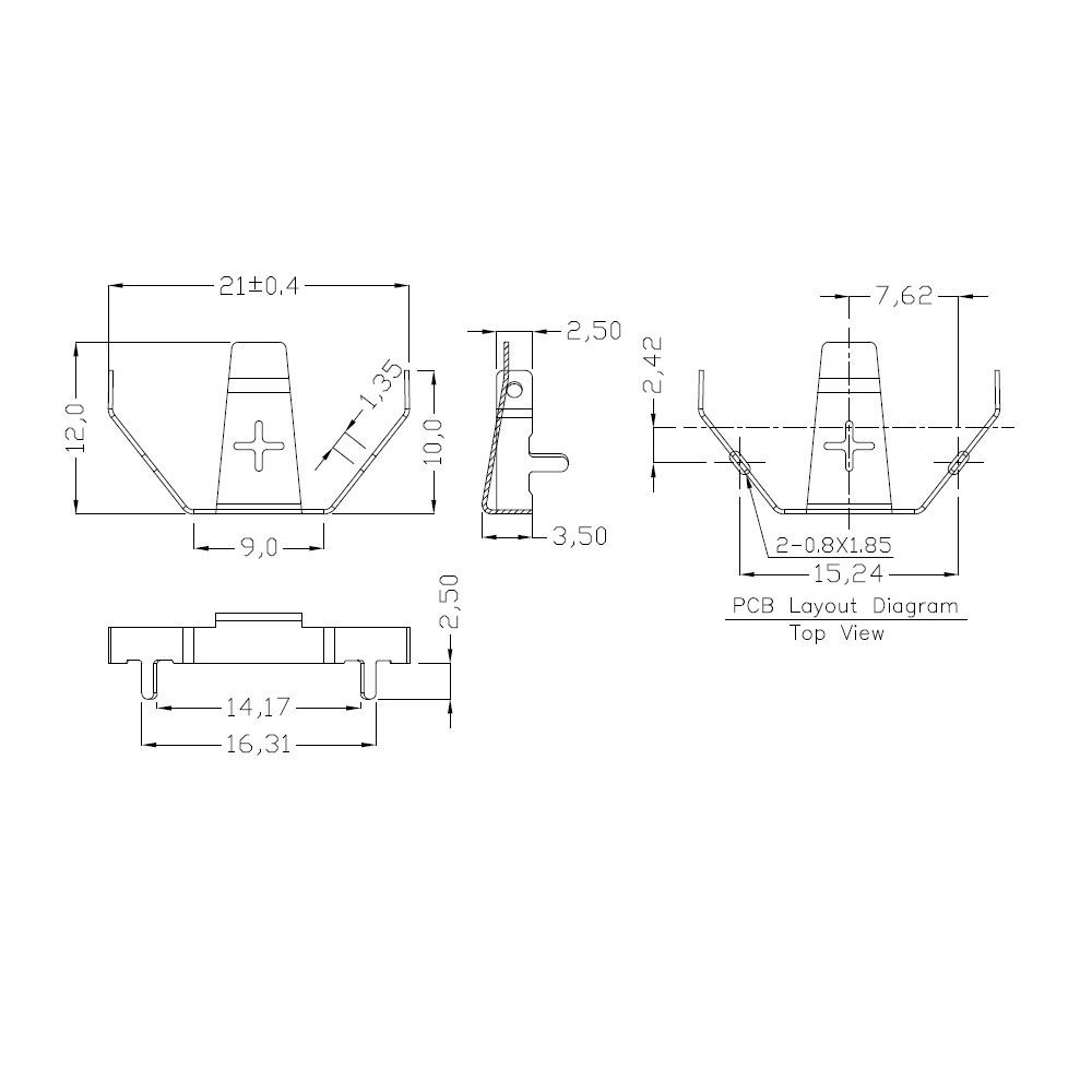 CR2032 Battery Retainer Positive Contact Button Cell Holder Coin Cell 2032 Battery Connector through Holes