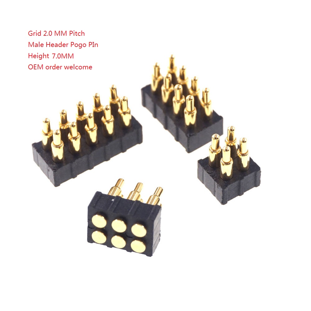 Grid 2.0 MM Pitch Pogo Pin Connector 4 6 8 10 Position Dual Row SMD Male Spring Loaded Re-Flow Solderable RoHS Lead Free