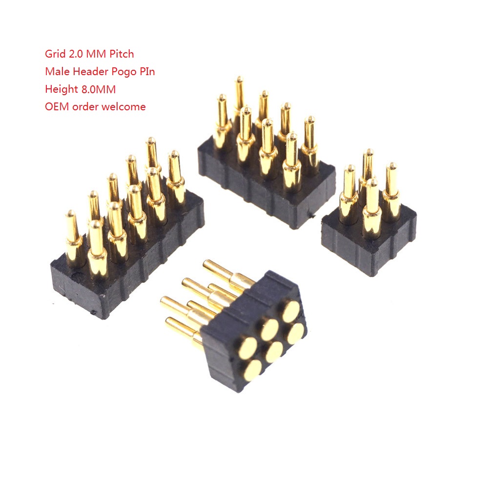 Grid 2.0 MM Pitch Pogo Pin Connector 4 6 8 10 Position Dual Row SMD Male Spring Loaded Re-Flow Solderable RoHS Lead Free
