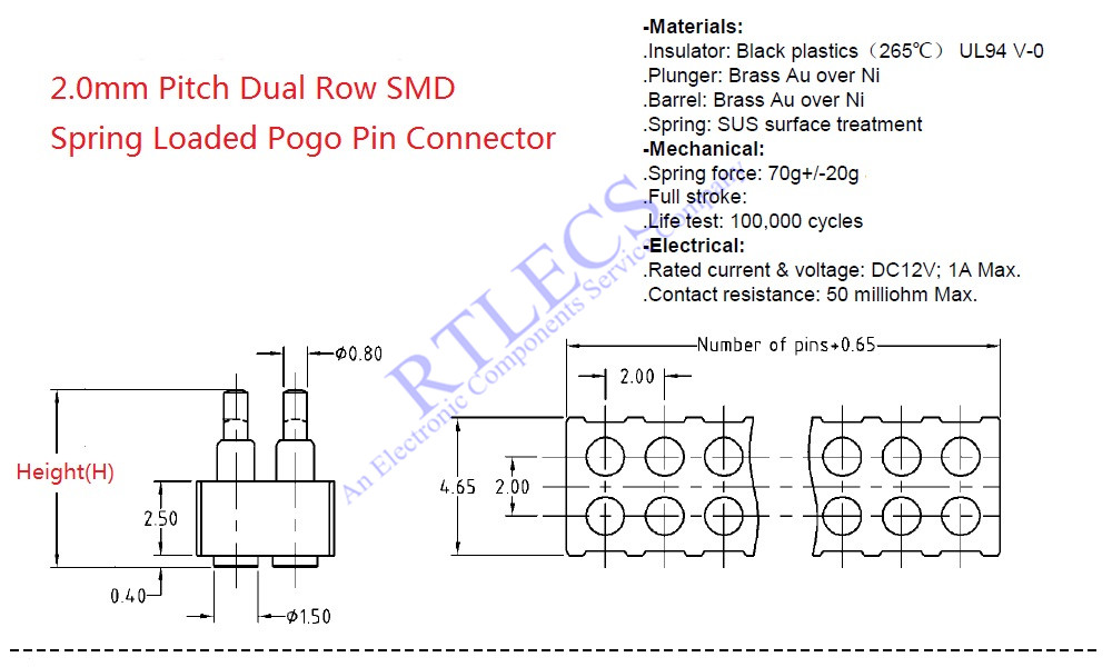 Grid 2.0 MM Pitch Pogo Pin Connector 4 6 8 10 Position Dual Row SMD Male Spring Loaded Re-Flow Solderable RoHS Lead Free