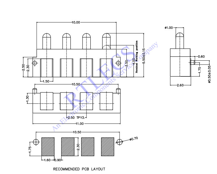 SMT Spring-Loaded Pogo Pin Strip Module 4 Pin 2.5 MM Grid 1x4 Position 90 Degree Surface Mount Horizontal HSMT