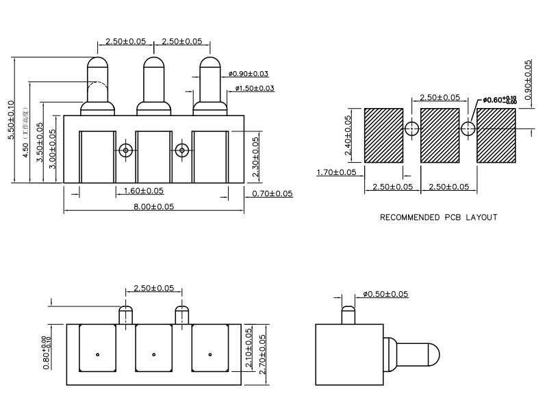 Spring Loaded Pogo Pin connector 3 PIN Right Angle Surface Mount SMD Strip Male Female Target Flat Face SMT Pitch 2.5 mm