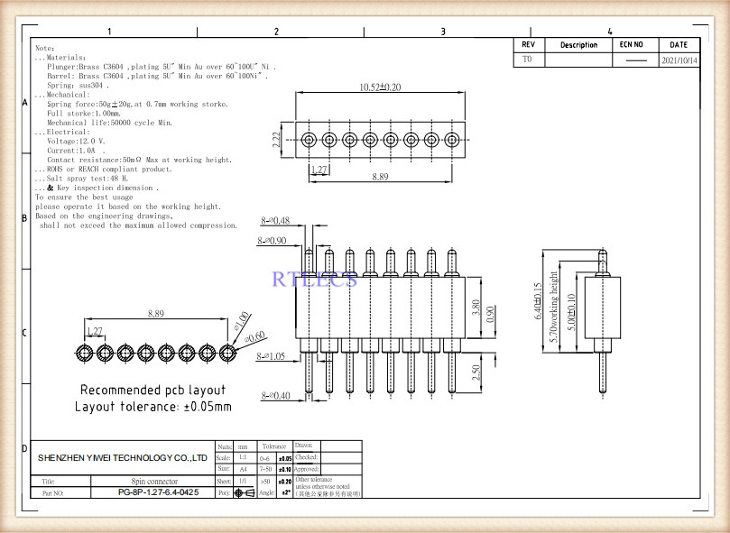 Spring Loaded 1.27 MM Pogo Pin Connector 0.05 Inch Pitch Male PCB Header Single Row Through Holes Probe