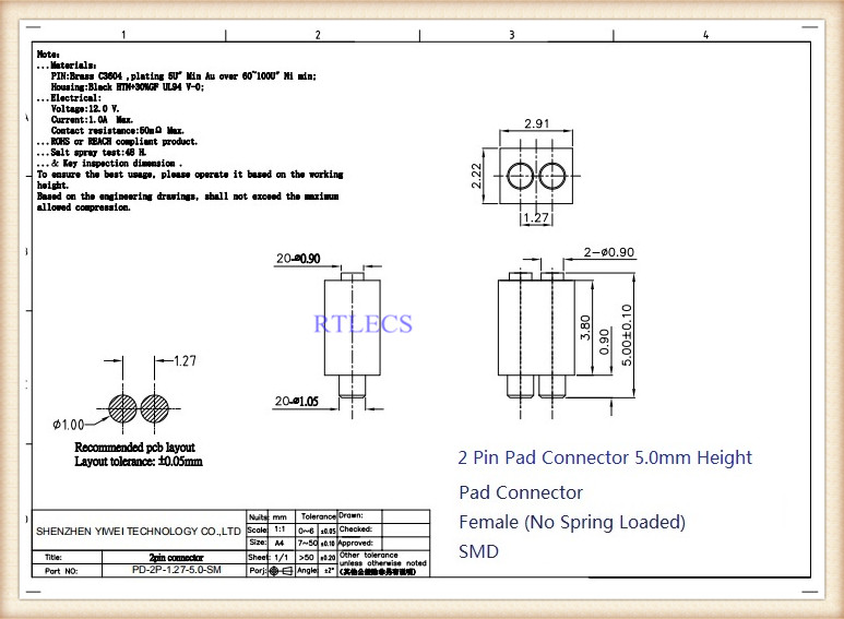 Spring Loaded 1.27 MM Pogo Pin Connector 0.05 Inch Pitch Male PCB Header Single Row Through Holes Probe