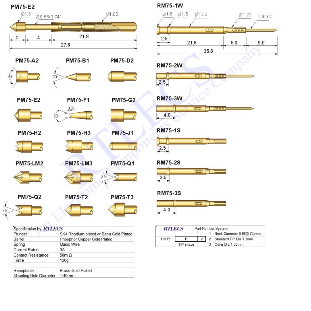 Bare PCB 1.91mm Pitch Spring Test Probe PM75 Testing Pin 27.8mm Length 1.02mm Dia Gold plated TIP styles Sockets to order