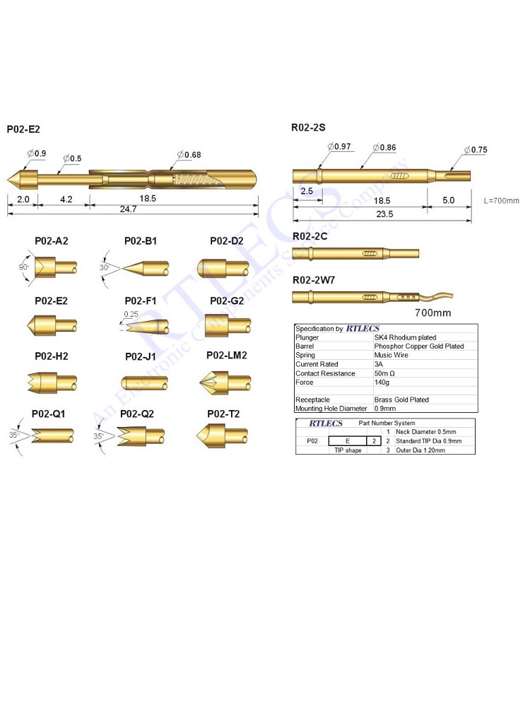 Bare PCB 1.27 MM Pitch Spring Test Probe P02 Pin 24.7MM Length 0.68mm Dia Gold plate TIP styles Sockets to Order