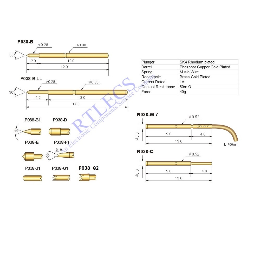 0.8 MM Pitch Spring Test Probe P038 Bare PCB Pin Gold Plated Barrel Dia 0.38MM R038 Socket Receptacle Tip Style