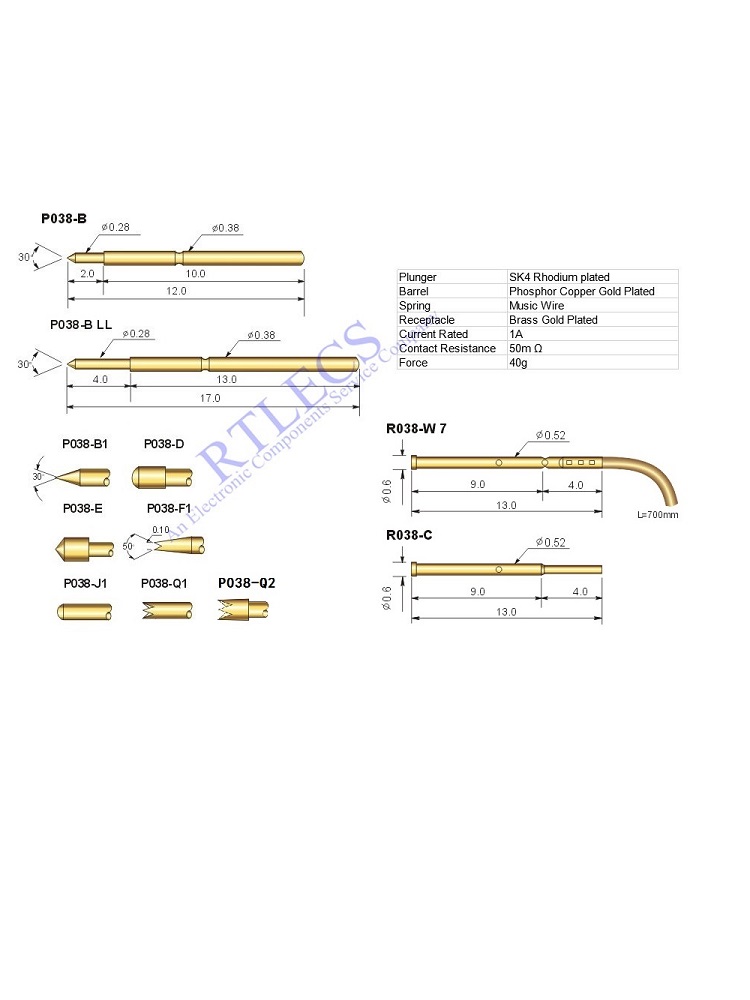 0.8 MM Pitch Spring Test Probe P038 Bare PCB Pin Gold Plated Barrel Dia 0.38MM R038 Socket Receptacle Tip Style