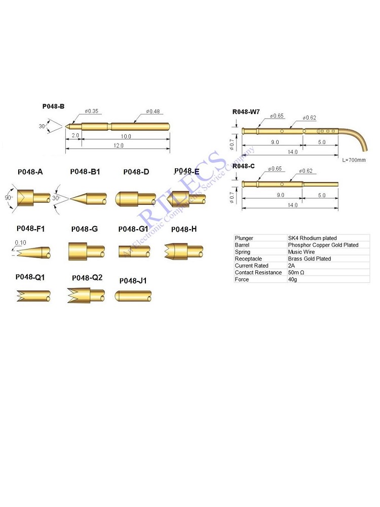 0.9 MM Pitch Min Spring Test Probe P048 Bare PCB Testing Pin Gold Plated Length 12.0 MM Socket Receptacle 0.48MM Diameter