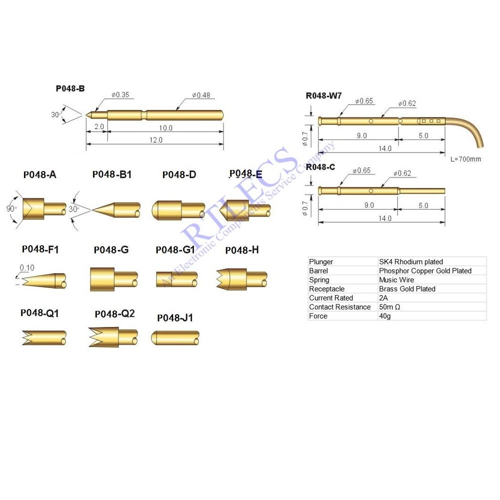 0.9 MM Pitch Min Spring Test Probe P048 Bare PCB Testing Pin Gold Plated Length 12.0 MM Socket Receptacle 0.48MM Diameter