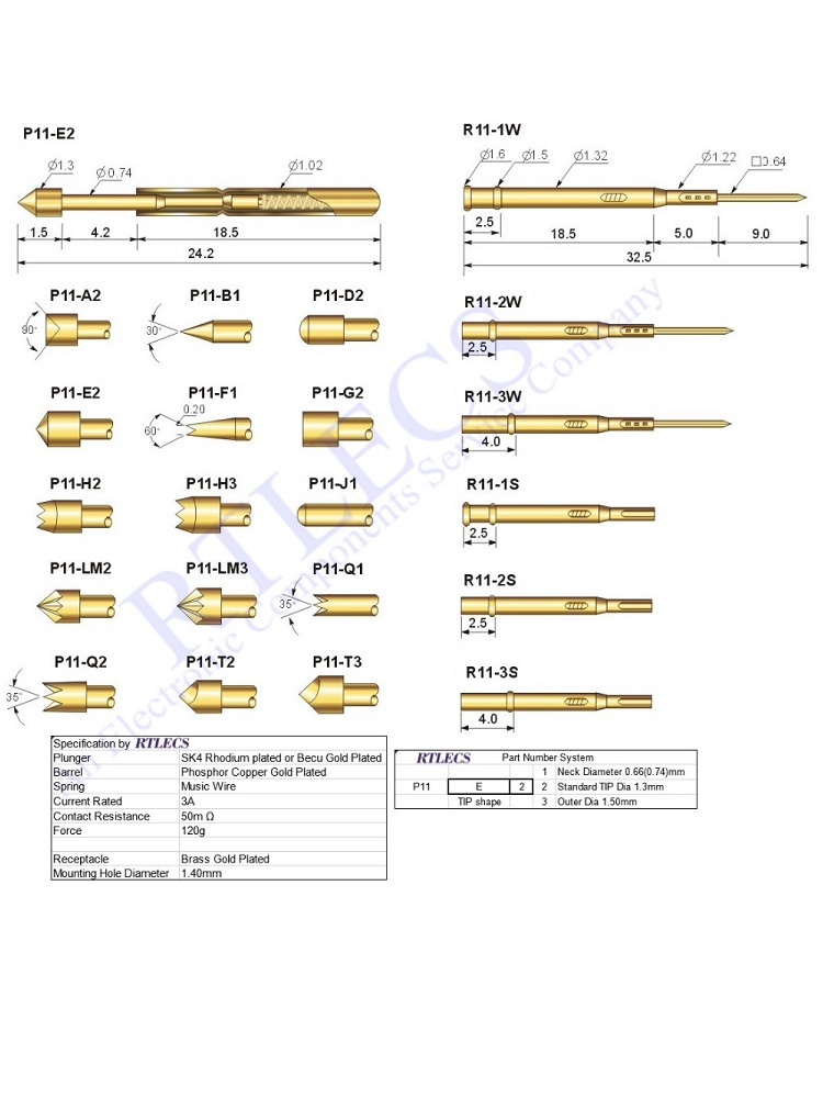 Bare PCB 1.91MM Pitch Spring Probe P11 Testing Pin 24.2MM Length 1.02MM Dia Gold plated TIP styles Sockets to Order