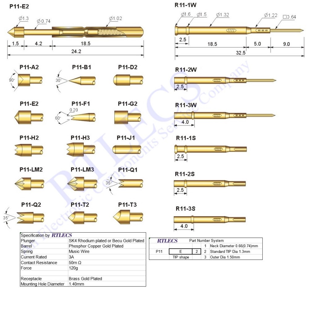 Bare PCB 1.91MM Pitch Spring Probe P11 Testing Pin 24.2MM Length 1.02MM Dia Gold plated TIP styles Sockets to Order