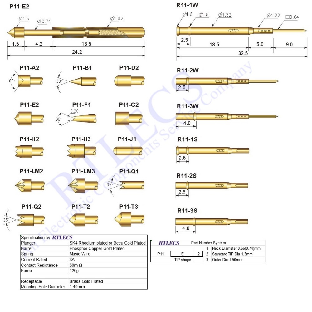 Bare PCB 1.91MM Pitch Spring Probe P11 Testing Pin 24.2MM Length 1.02MM Dia Gold plated TIP styles Sockets to Order