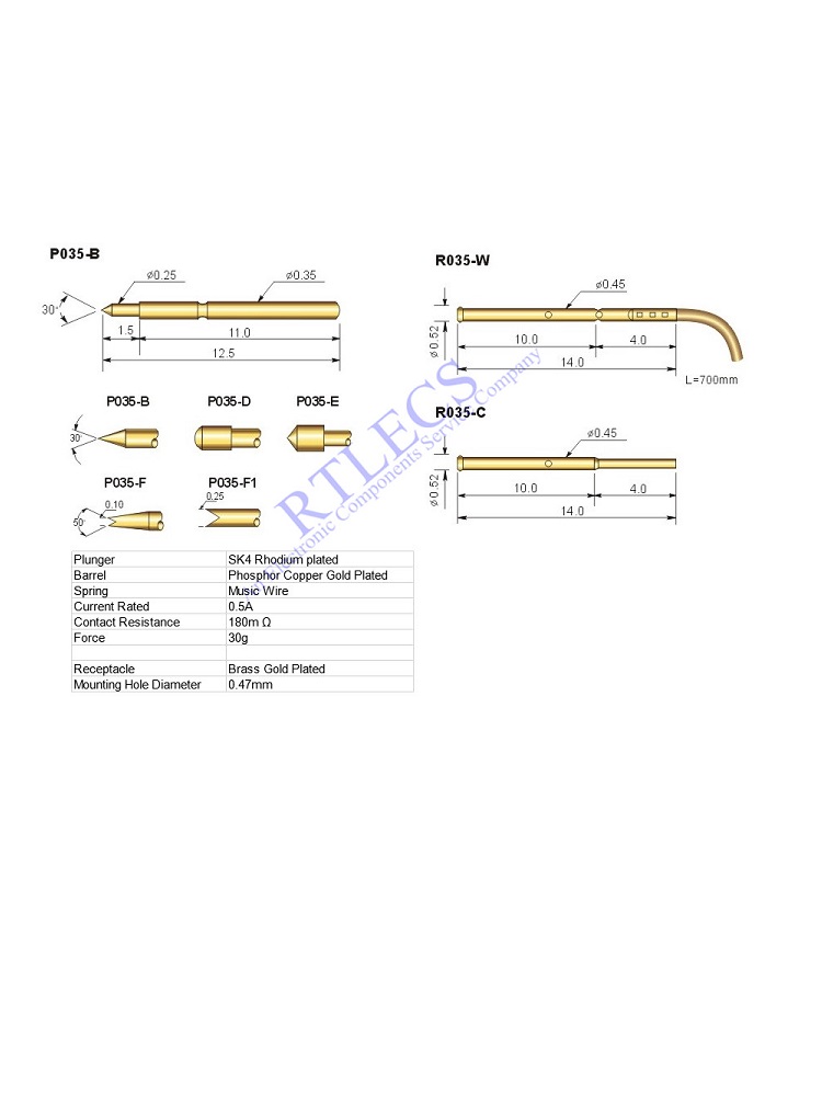 0.7MM Pitch Min Spring Test Probe P035 Bare PCB Testing Pin Gold Plated Length 12.5 MM Socket Receptacle 0.35 MM Dia