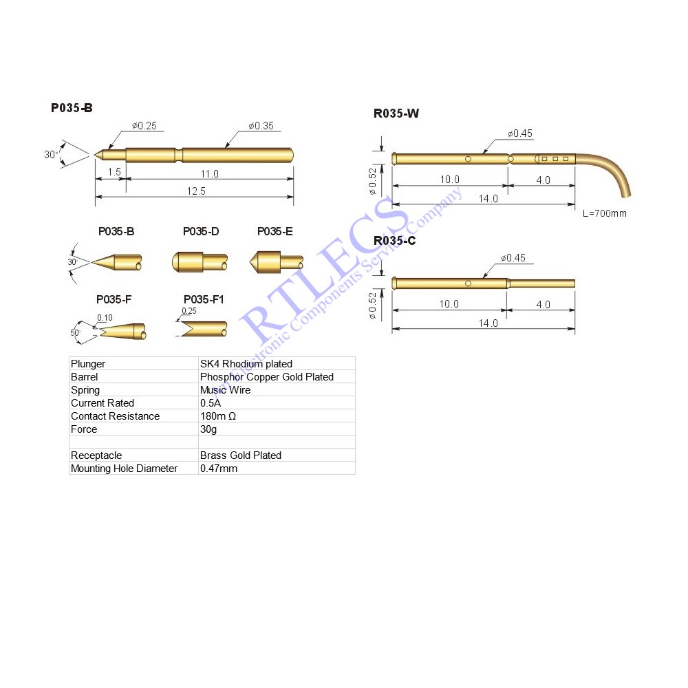 0.7MM Pitch Min Spring Test Probe P035 Bare PCB Testing Pin Gold Plated Length 12.5 MM Socket Receptacle 0.35 MM Dia