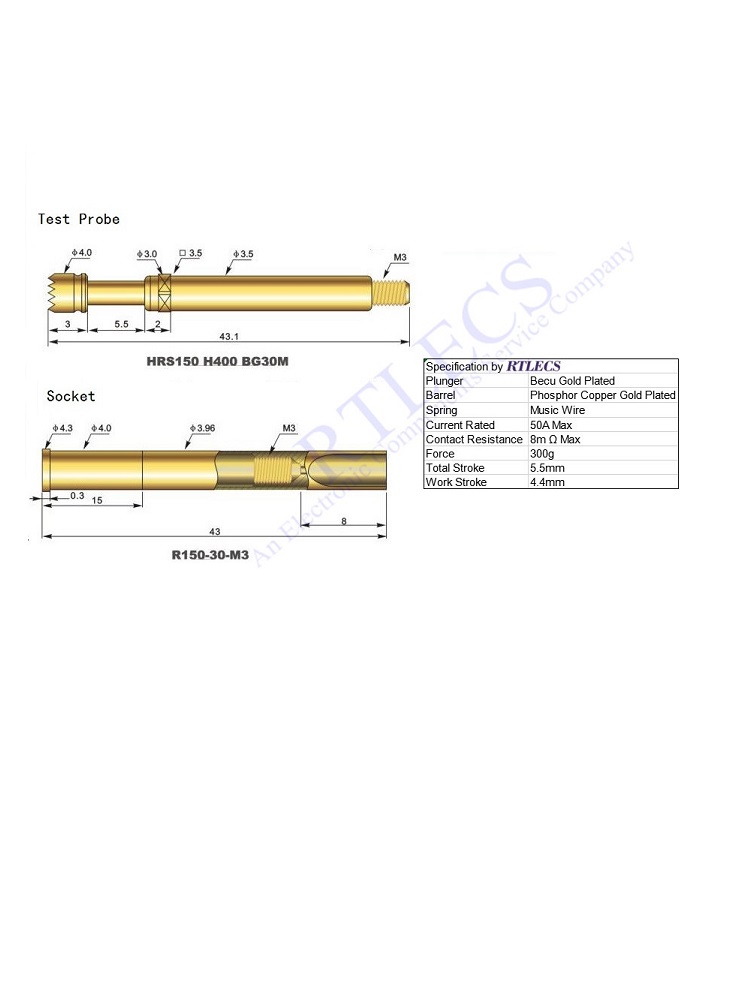 50Amp Hight Current Test Probe M3 Screw Thread 50A HRS150-H400-BG30M HRS150 H400 BG30M Pogo Pin Socket