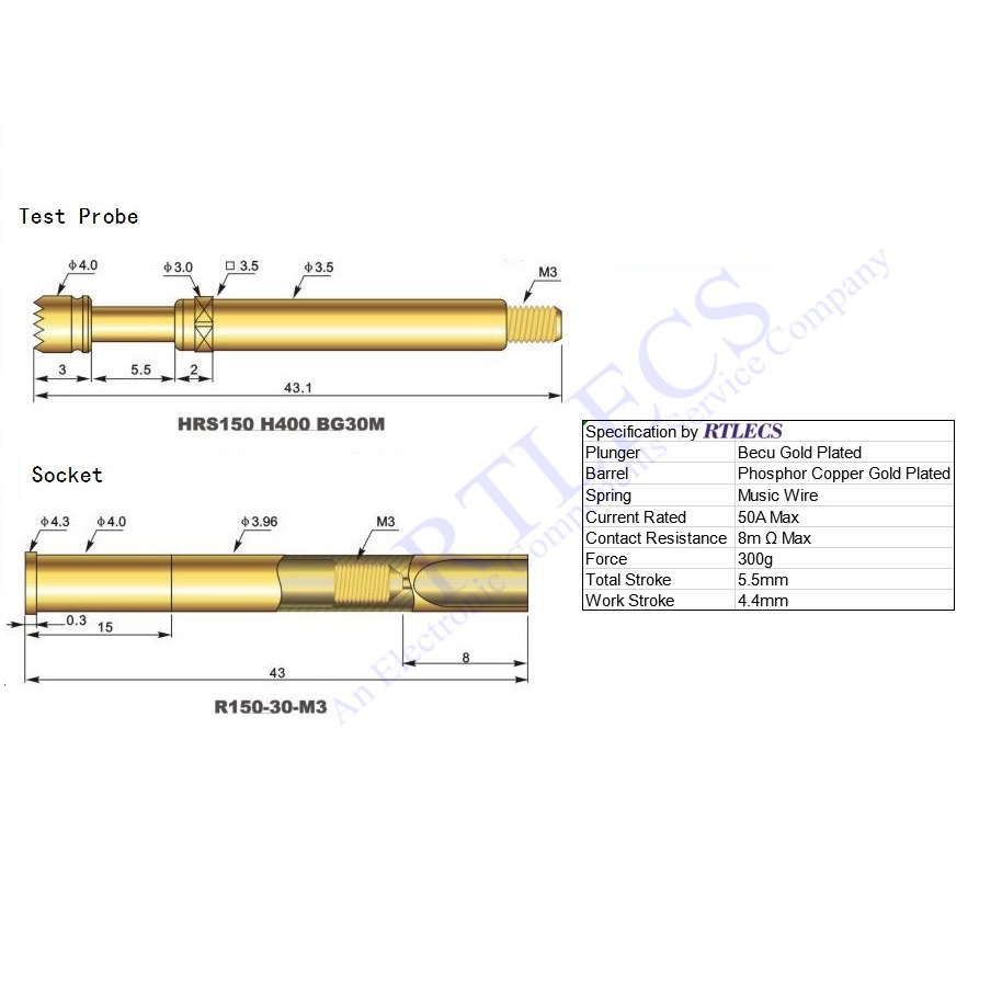 50Amp Hight Current Test Probe M3 Screw Thread 50A HRS150-H400-BG30M HRS150 H400 BG30M Pogo Pin Socket