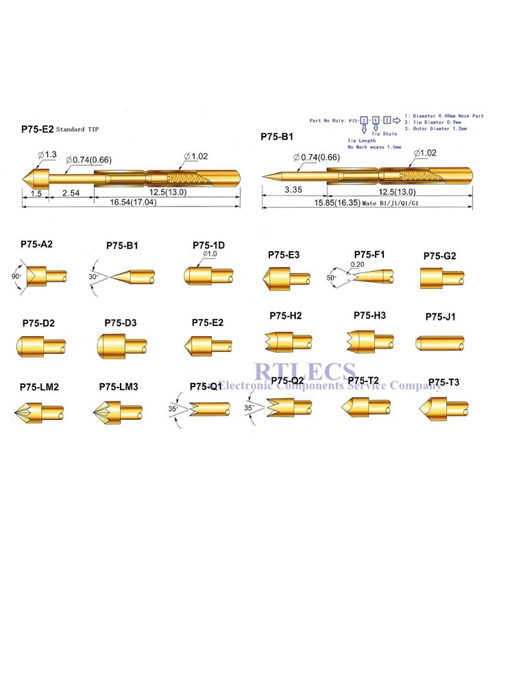 Spring Loaded Test Probe P75 Series Bare PCB Testing Probe Pogo Pin Gold Plated Rated 3A Tip Style Choose to Order