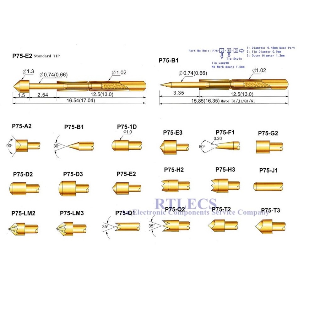 Spring Loaded Test Probe P75 Series Bare PCB Testing Probe Pogo Pin Gold Plated Rated 3A Tip Style Choose to Order