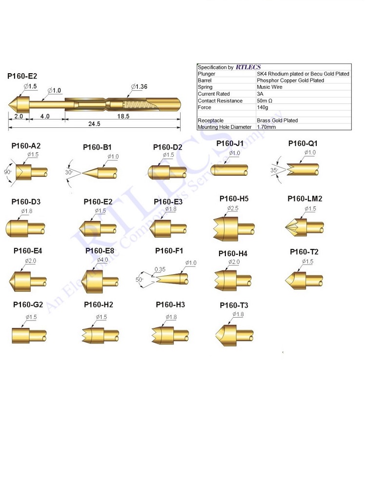 Bare PCB 2.54 Pitch Spring Test Probe P160 Pogo Pin 24.5 MM Length 1.36MM Diameter Gold Plated TIP Styles to Order
