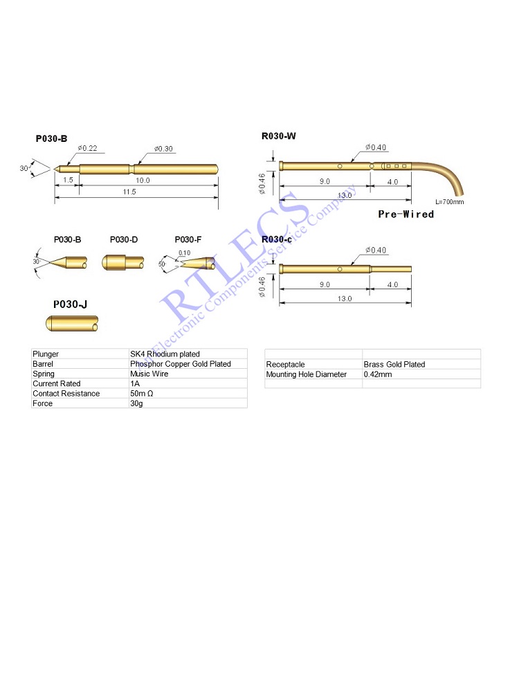 0.65 MM Pitch Min Spring Test Probe P030 Bare PCB POGOPin Gold Plated Length 11.5 MM Socket Receptacle 0.30MM Dia