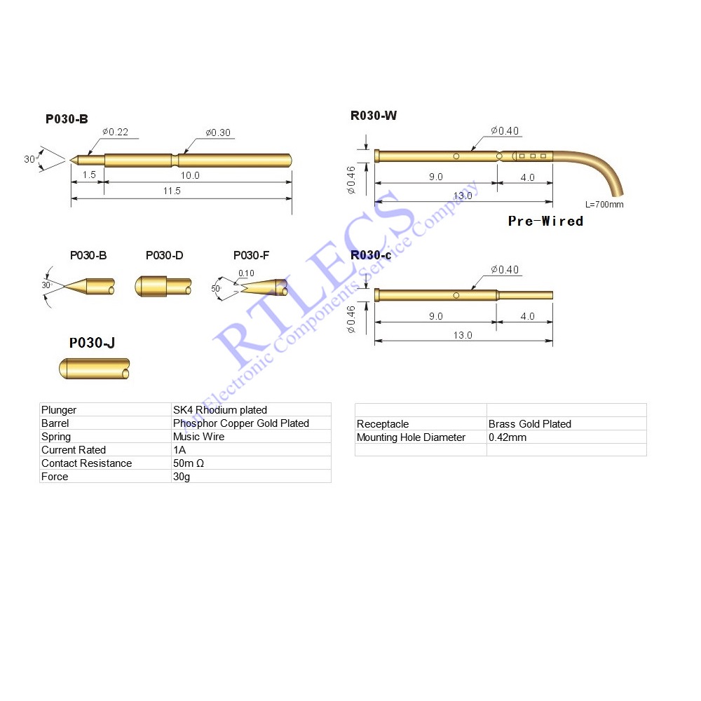 0.65 MM Pitch Min Spring Test Probe P030 Bare PCB POGOPin Gold Plated Length 11.5 MM Socket Receptacle 0.30MM Dia