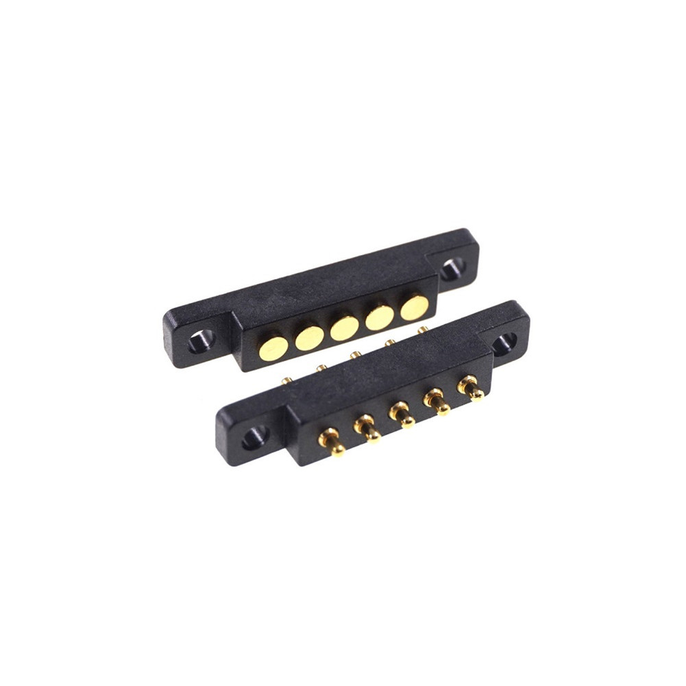 Spring-Loaded Pogo Pin 5 Pin Male & Female Contact Pad 2.54 mm Grid Through Hole With Flange Panel Mount Strip 2A 36VDC