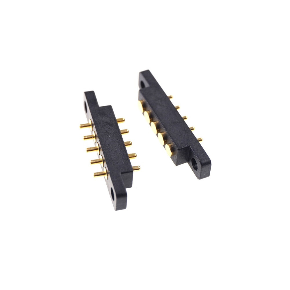 Spring-Loaded Pogo Pin 5 Pin Male & Female Contact Pad 2.54 mm Grid Through Hole With Flange Panel Mount Strip 2A 36VDC