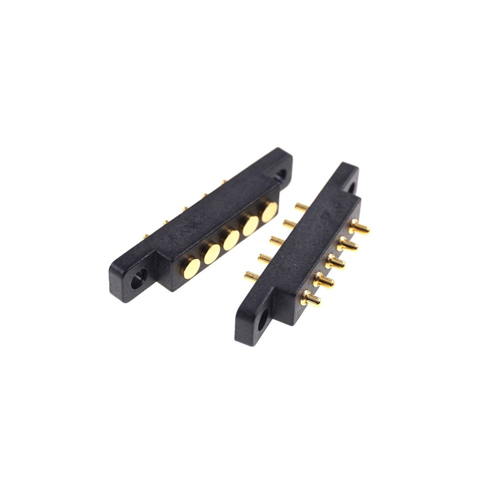 Spring-Loaded Pogo Pin 5 Pin Male & Female Contact Pad 2.54 mm Grid Through Hole With Flange Panel Mount Strip 2A 36VDC