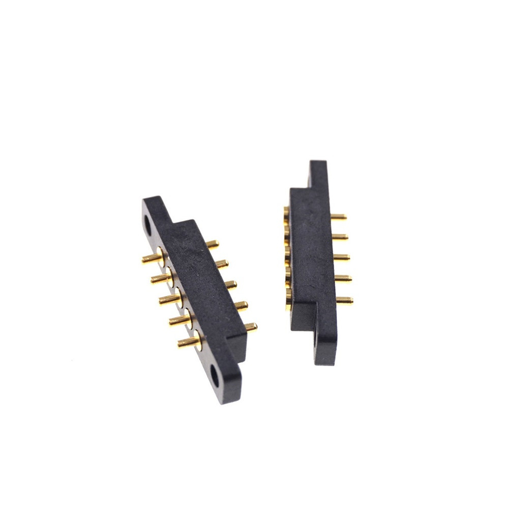 Spring-Loaded Pogo Pin 5 Pin Male & Female Contact Pad 2.54 mm Grid Through Hole With Flange Panel Mount Strip 2A 36VDC