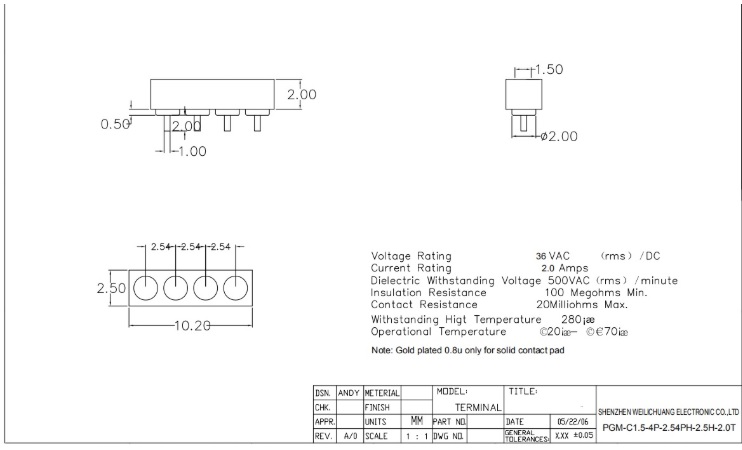 Spring-Loaded header Contact Pad 2.54 mm Strip Through Hole High Current 2A 36V Male Female Pogo Pin Connector 4 Pin