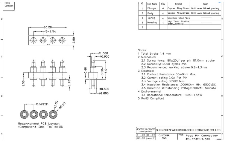 Spring-Loaded header Contact Pad 2.54 mm Strip Through Hole High Current 2A 36V Male Female Pogo Pin Connector 4 Pin