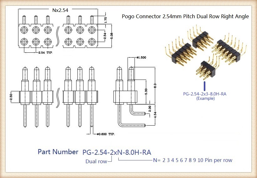 2.54 Grid Pitch 4 6 8 10 12 14 16 20 Pole Right Angle Spring Loaded Pogo Pin Connector DIP Dual Row Male Female