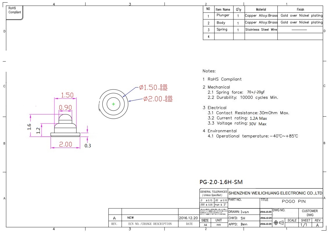 Miniature Pogo Pin Connector Diameter 2.0 mm Initial Height 1.6 mm Low Profile Header Male Spring Loaded thimble Probe