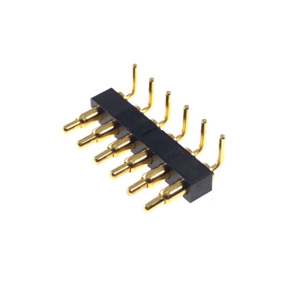 Spring Loaded Pogo Pin Connector 6 Pin 2.54 mm Pitch 8.8 mm Height Through Holes PCB Right Angle Edge Mount PCB Solder