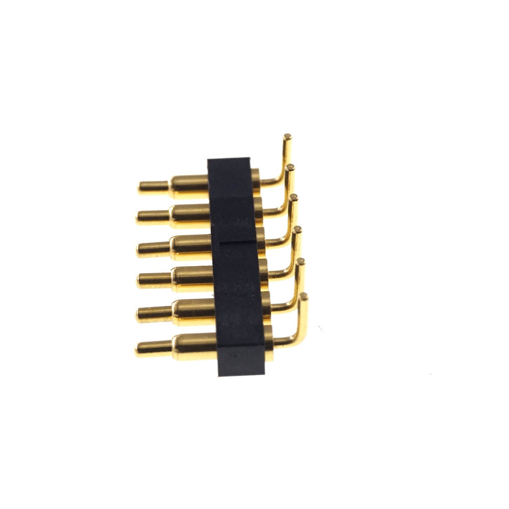 Spring Loaded Pogo Pin Connector 6 Pin 2.54 mm Pitch 8.8 mm Height Through Holes PCB Right Angle Edge Mount PCB Solder