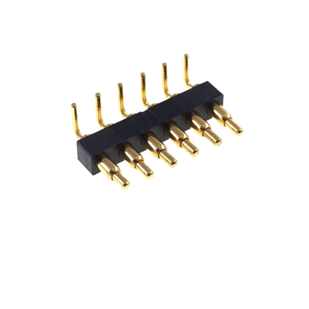 Spring Loaded Pogo Pin Connector 6 Pin 2.54 mm Pitch 8.8 mm Height Through Holes PCB Right Angle Edge Mount PCB Solder