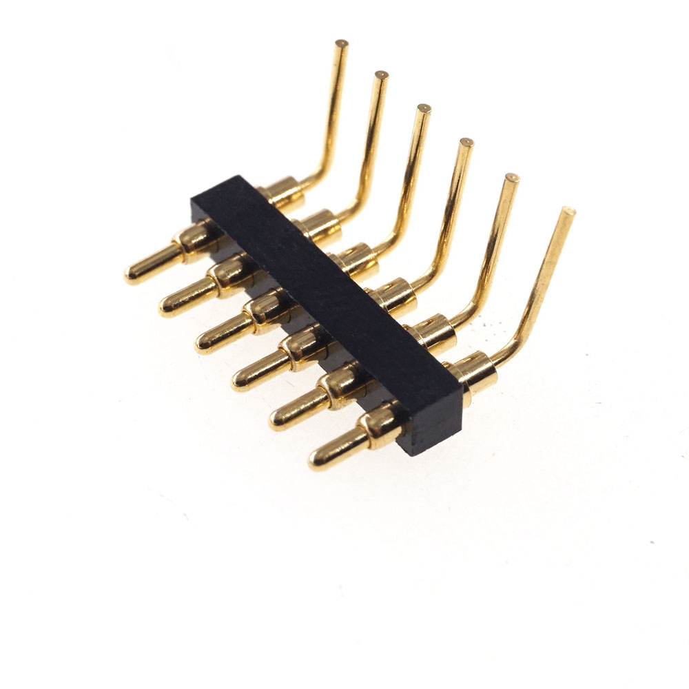 Spring Pogo Pin Connector 2.54 mm Pitch  6 8 Pins Through Holes PCB 10.5mm Height Right Angle 90 Degree